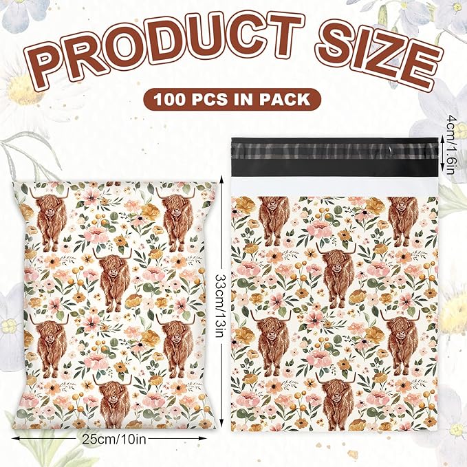 JarThenaAMCS 100Pcs Boho Floral Highland Cow Poly Mailers 10 x 13 Inch Watercolor Cow Flower Packaging Bags Rustic Self Seal Mailing Envelope Bags for Small Business Clothing Document Gifts
