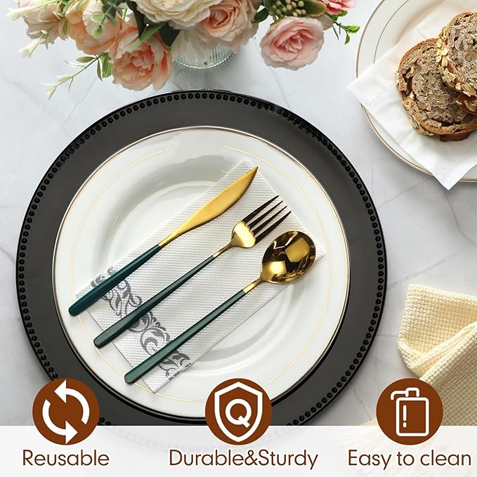 24 Pack Metallic Charger Plates 13inch Round Elegant Serving Plates Plastic Disposable Chargers Bulk Dinnerware Set for Dinner Wedding Party Events Catering Decoration(Black,Beaded Rim)
