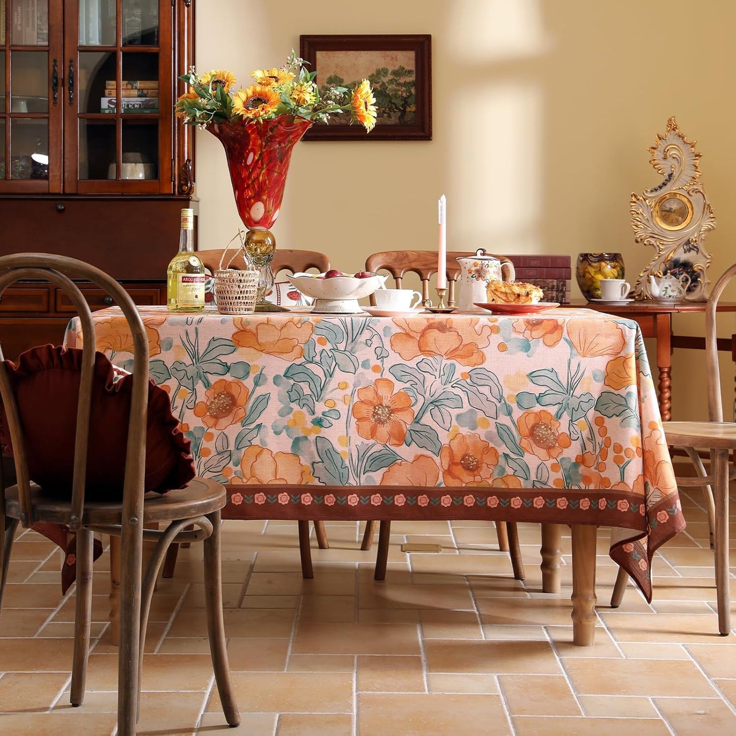 Vintage Linen Small Square Tablecloth,Italian Orange Floral Soft and Wrinkle Resistan Table Cloth,Decor Table Cover for Kitchen,Dining,Party,Thanksgiving,Christmas,55"*55"-Positano