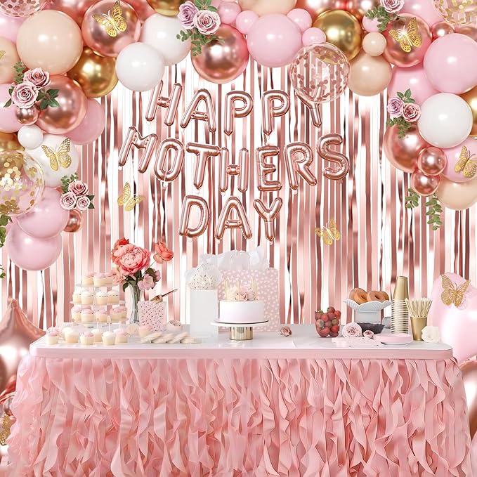 Happy Mother's Day Decorations, Rose Gold Pink Peach White Gold Foil Confetti Balloons Gold Butterfly Fringe Curtains for Mother's Day Party Decorations