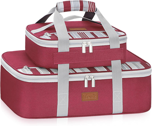 Lifewit Duo Insulated Casserole Carrier for Hot or Cold Food, Lasagna Holder 2 Compartments, Thermal Lunch Tote for Potluck Parties Cookouts, Fits 9"x13" Casserole Dish,Red