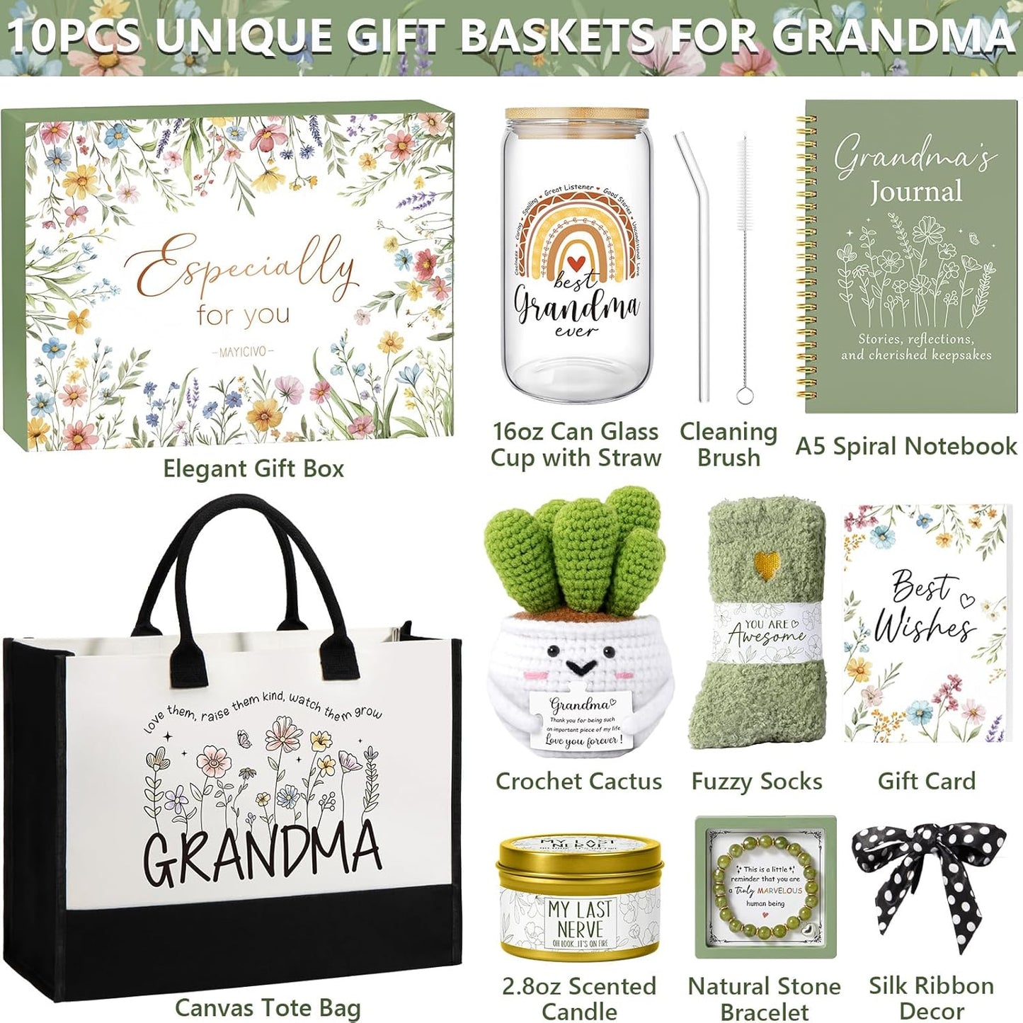 Christmas Gifts for Grandma Nana, Best Grandma Birthday Gifts from Granddaughter Grandchildren Grandkids, Unique Grandmother Nana Birthday Gift Basket for Gigi, New Granny Gift w/Canvas Tote Bag