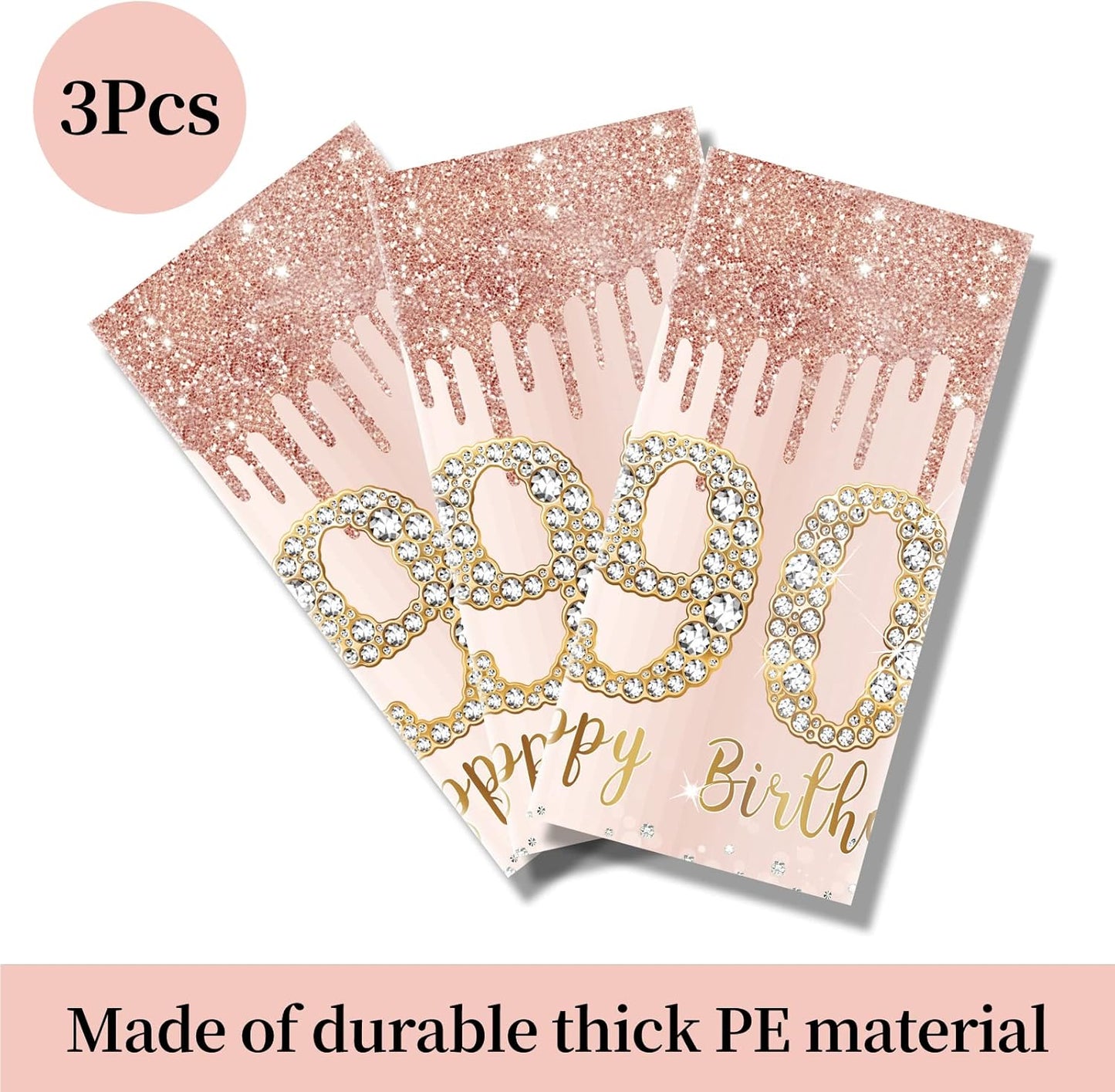 3 Pcs 90th Birthday Tablecloth Decorations, Pink Rose Gold Happy 90 Birthday Theme Table Cover, Plastic Disposable Rectangular Table Cloth Decor