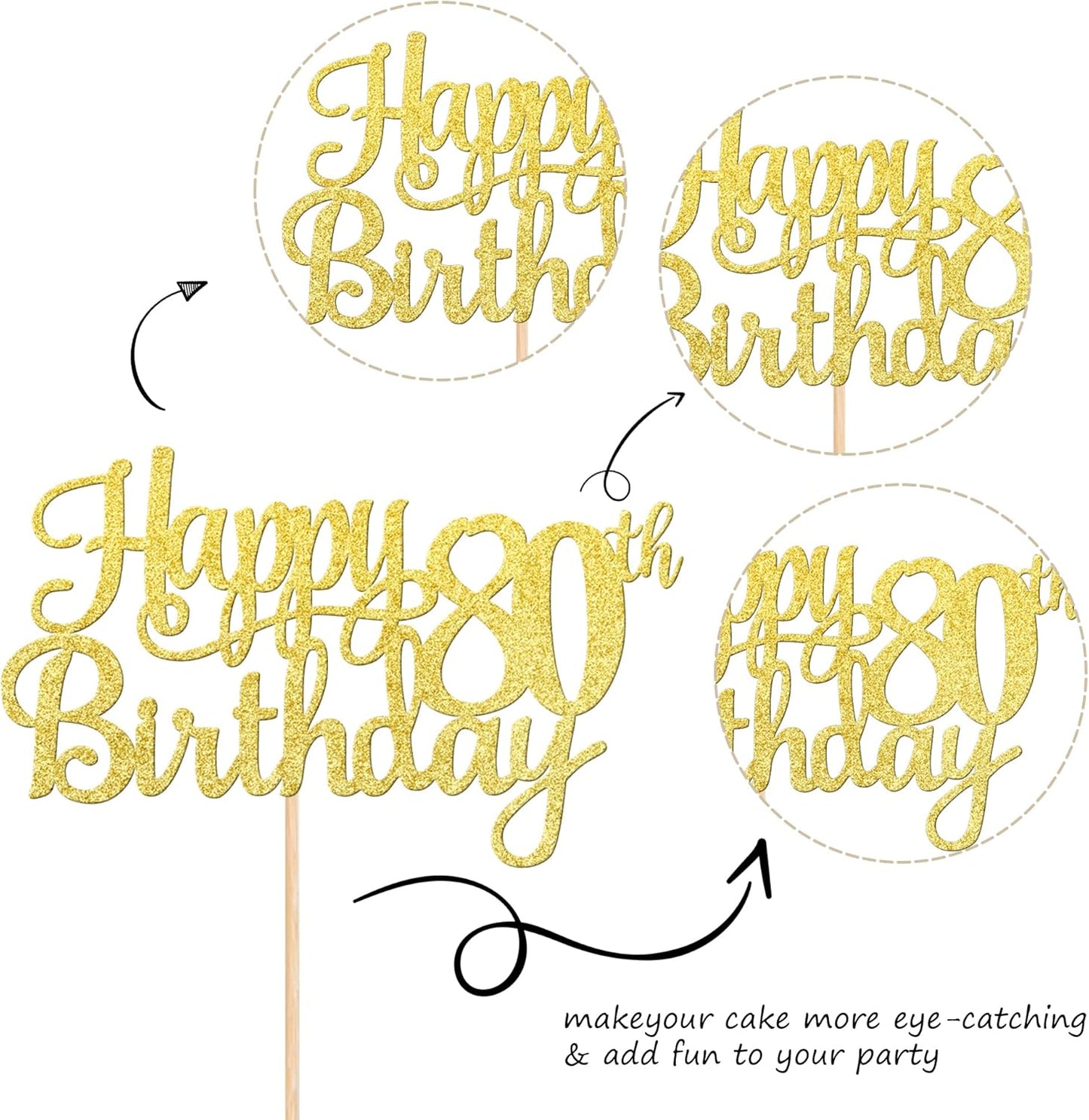 1 PCS Happy 80th Birthday Cake Topper Gold Glitter Cheers to 80 Years Birthday Cake Pick 80 Fabulous Cake Decoration for Happy 80th Birthday Theme Party Decorations Supplies