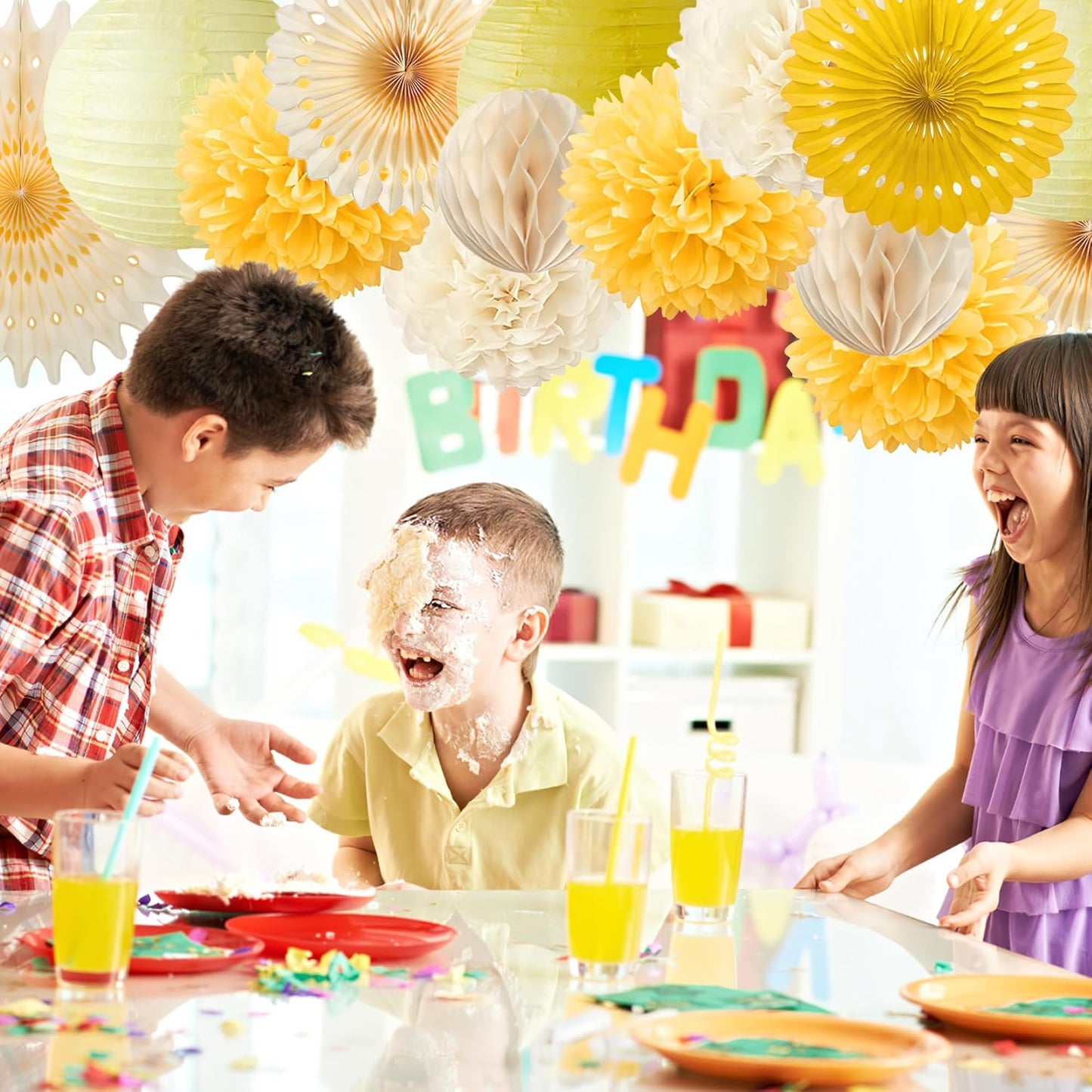 Yellow Party Decorations Yellow and Cream Paper Fans Paper Lanterns Pom Poms Flowers for Baby Shower Birthday Wedding Engagement Party