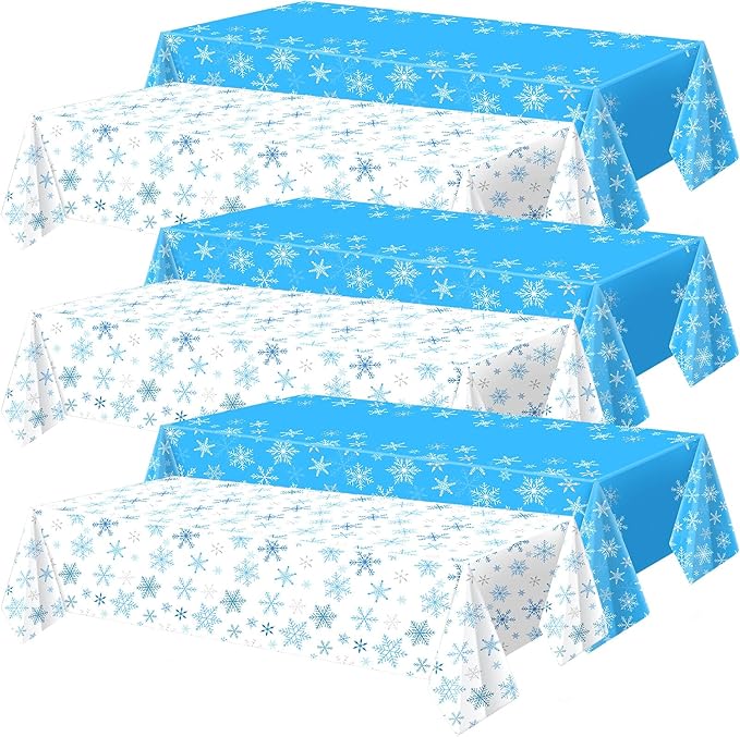 Peryiter 6 Pcs Winter Snowflake Plastic Tablecloth Decorations, Christmas Wonderland Disposable Table Cover 54 x 108 Inch Blue and White Dining Table Cover for Winter Holiday Theme Party Supplies