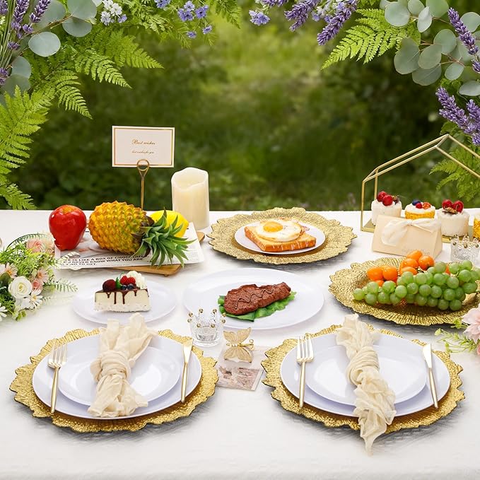 EI 6pcs Gold Charger Plates for Dinner,Gold Chargers Heavy Duty,Round Reef Table Charger Plastic Decorative Plate,Plastic Chargers with Reef Design For Wedding,Party,Afternoon Tea,Valentine's Day