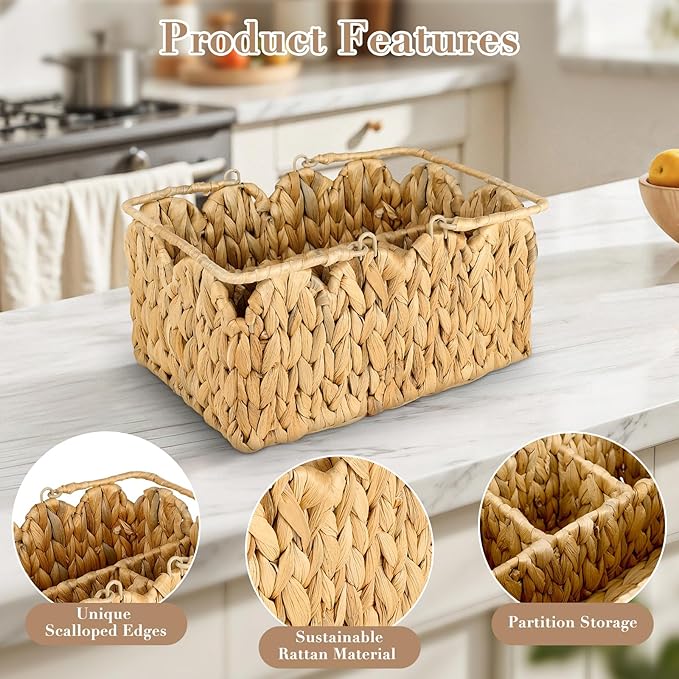Wicker Utensil Caddy Basket, Utensil Holder for Party Flatware Silverware Holder Hand Woven Divided Cutlery Basket Water Hyacinth Kitchen Organizer Storage with Handle for Countertop
