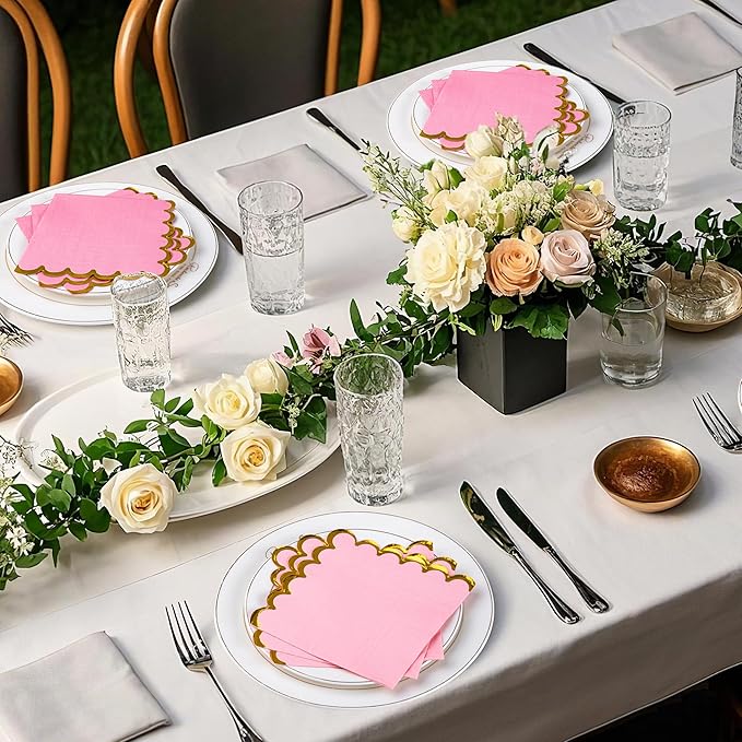 100 Pcs Pink Cocktail Napkins with Gold Foil Scalloped Edges 5 x 5 Inch Dessert Napkins Disposable Thick Paper for Wedding Dinner Birthday Party