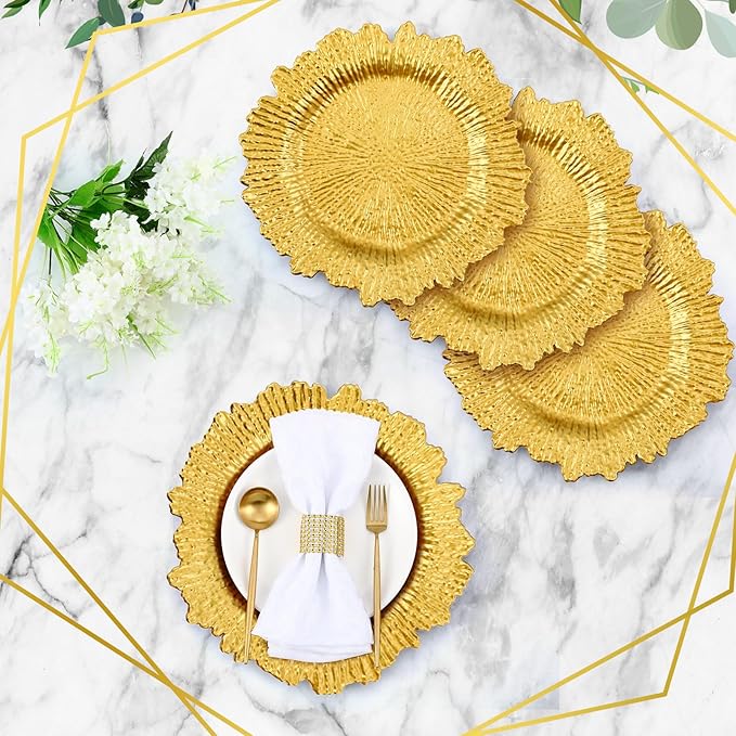 Rtteri 50 Pcs 13 Inch Charger Plates Bulk, Plastic Charger Plates with Floral Reef Design, Round Ruffled Rim Decorative Dinner Tableware for Wedding, Party, Event Table Decor(Gold)