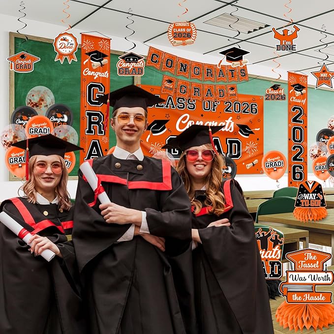Graduation Decorations Class of 2026 Orange Graduation Party Decor Set include Congrats Grad Banner Backdrop Class of 2026 Balloons Party Supplies