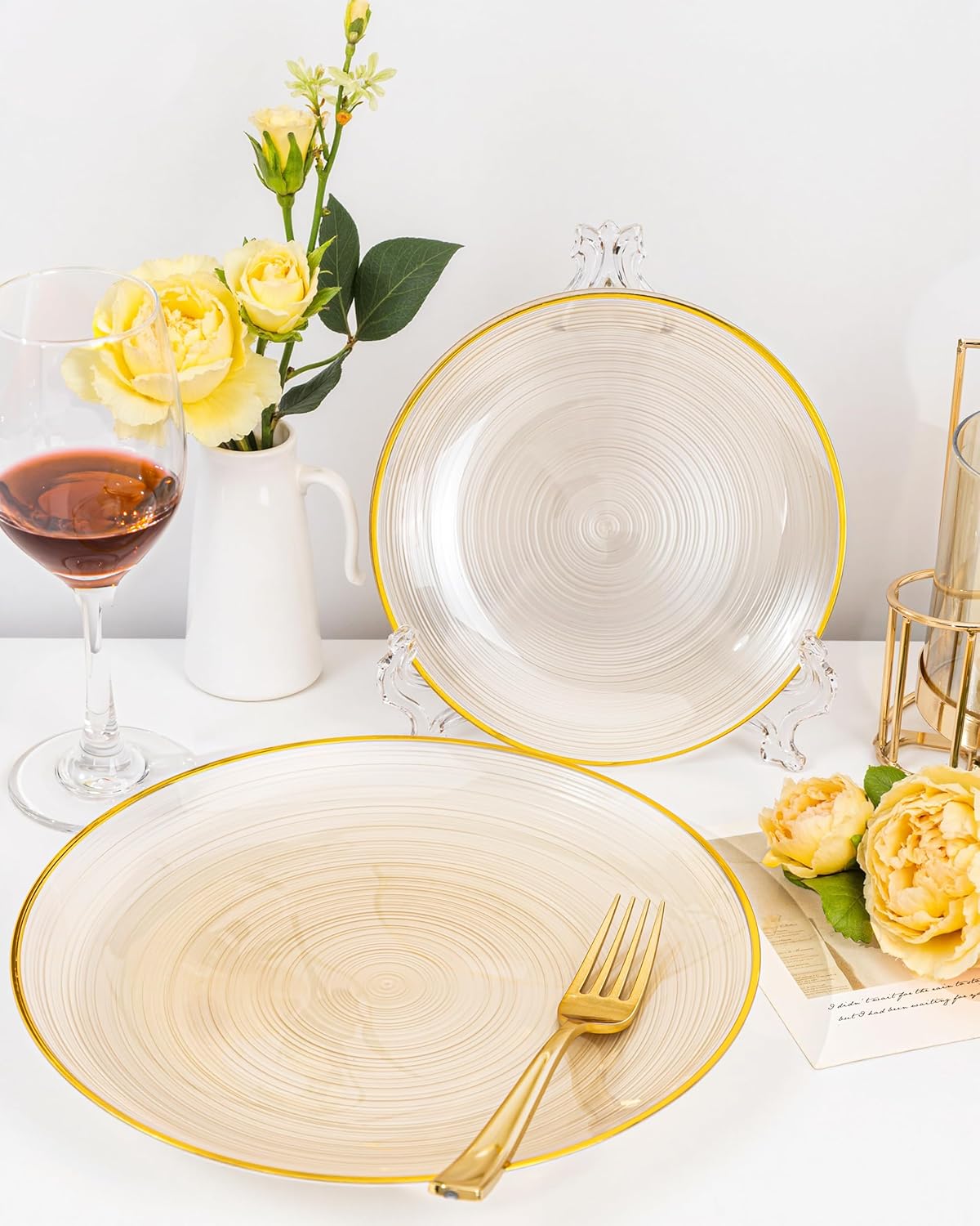 Morejoy 175PCS Clear Brown Plastic Plates - Disposable Gold Party Plates & Pre Rolled Napkins with Cutlery for 25 Guests, 50Plates, 75Silverware, 25Cups, 25Napkin for Party & Thanksgiving