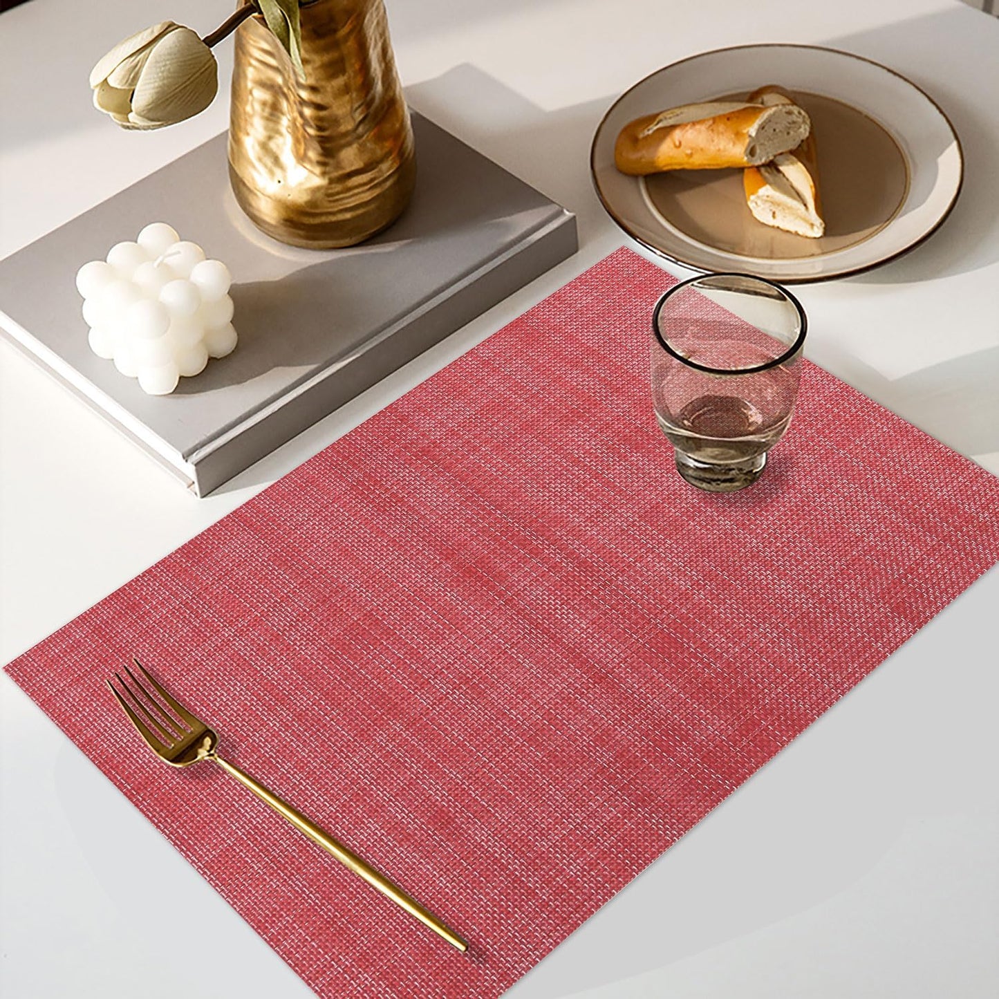 Vinyl Placemats Set of 8, PVC Woven Washable Non-Slip Table Mats, Heat Resistant Wrinkle Free Place Mats for Dining Table, Easy to Clean (8, Red)