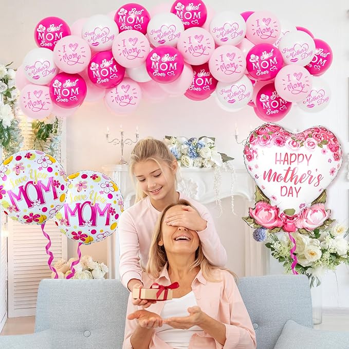 Happy Mothers Day Balloons Kit with Rose Gold Pink Heart and Letter Balloons for Mother's Day Mom Birthday Party Decorations