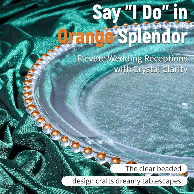 12 Pack Clear Charger Plates Bulk Wedding, 13 Inch Plastic Round Dinner Chargers with Orange Beaded Rim, Acrylic Round Decorative Plates for Wedding Party Home and Tabletop Decor (Orange)