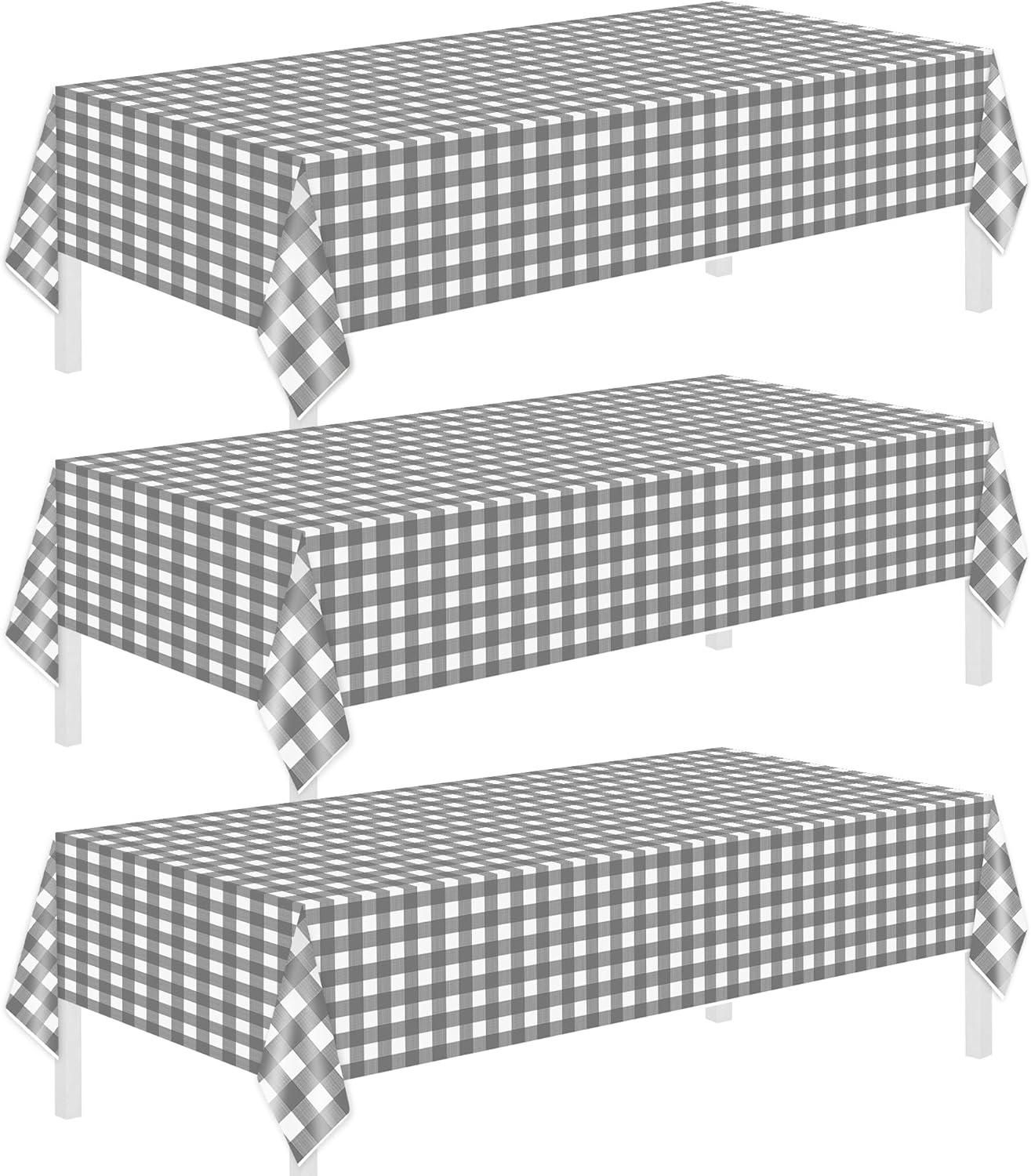 Childom 3 Pack Gray and White Checkered Tablecloths 54"x108" Disposable Plastic Table Cloths Buffalo Plaid Tablecloths for Home,Halloween,Picnic Table Covers for Pizza Party,Race Car Birthday Decors