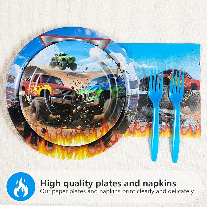 Grencian 96Pcs Monster Themed Truck Birthday Party Decorations Monster Themed Truck Plates and Napkins Forks Tableware for Kids Boys Car Birthday Party Decorations Serves 24