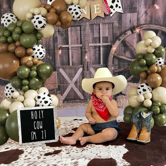 Cowboy Green Cow Balloon Garland Arch Kit, Brown, Sand White Balloons for Baby Shower First Rodeo Western Cowboy Theme Party Birthday Decoration