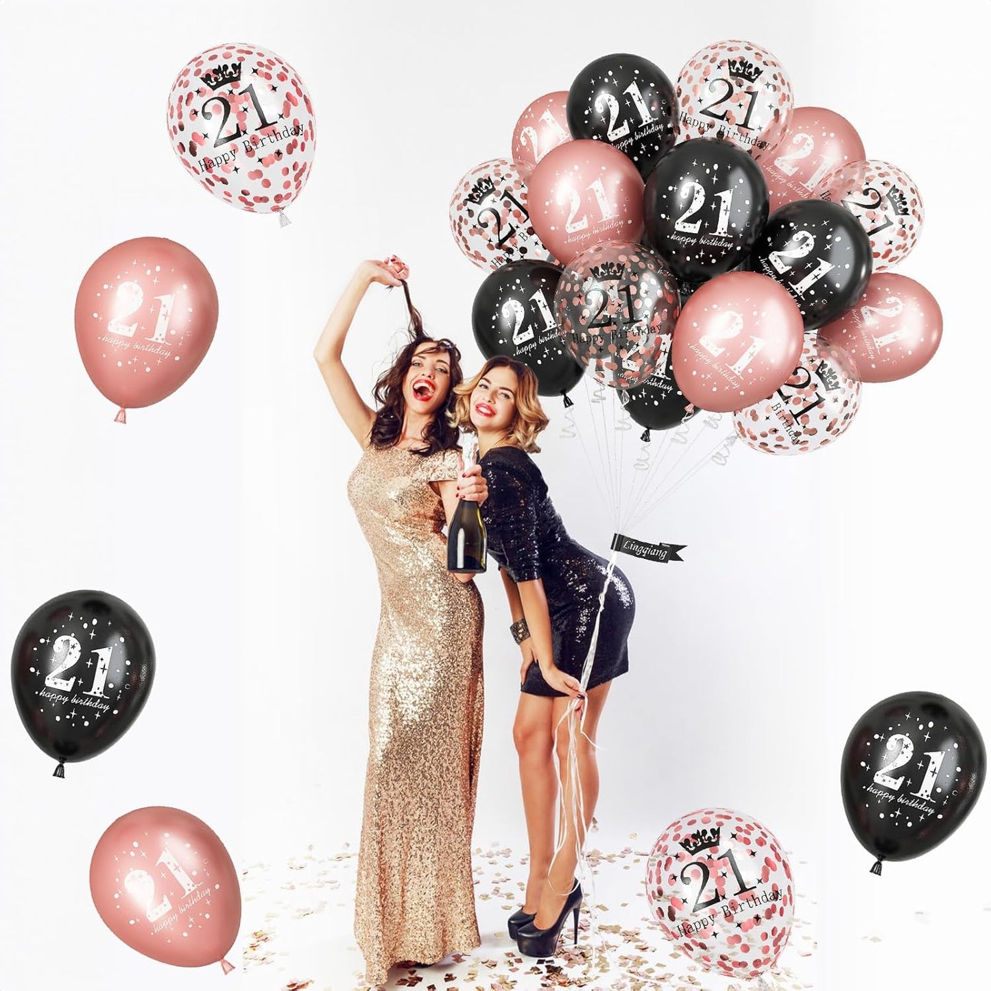 21st Birthday Decorations for Her, 15 Pcs Happy Balloons Latex Helium Black Rose Gold Confetti for Girls Women Age 21 Years Old Celebration Party Supplies