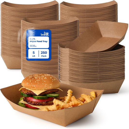 Fit Meal Prep [250 Pack 5 lb Paper Food Boats Heavy Duty Disposable Food Trays, Kraft Brown Nacho Tray for Parties Fairs Picnics Carnivals Holds Tacos Nachos Fries Hot Dogs Grease Resistant