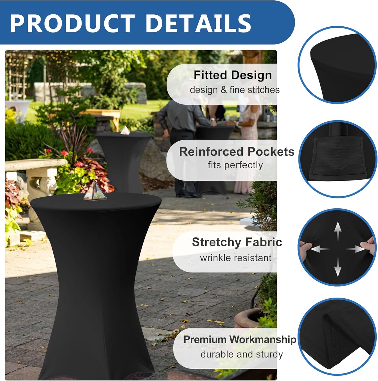 Cocktail Table Covers-Spandex Round High Top Table Cloths 6 Pack 32x43 Inch-Black Stretch Fitted Bar Tall Tablecloth for Pub Bistro Highboy Party Event Banquet Height Folding Satnding Tables