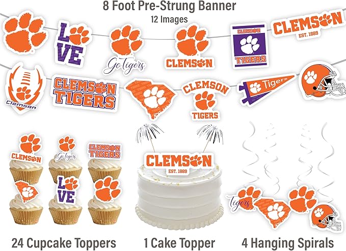 Clemson Party Supplies for Football, Birthday Gift, Graduation Party Banner and Cake Toppers (42 Pieces) (Clemson Tigers)