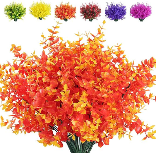 RECUTMS Artificial Outdoor Mums Artificial Eucalyptus Stems Faux Outdoor Boxwoods Faux Flowers for Outside Planters Outdoor Fake Potted Plants Faux Ferns for Spring Planter Large(Gold Eucalyptus)
