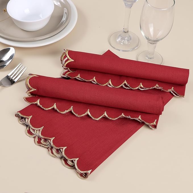 FINGERCRAFT Cloth Napkins, Everyday Use Scallop Design with Golden Zari, Premium Quality Natural Cotton Napkin Cloth Set of 6 Perfect for Parties Dinners Weddings Christmas 20x20 inch Tango Red