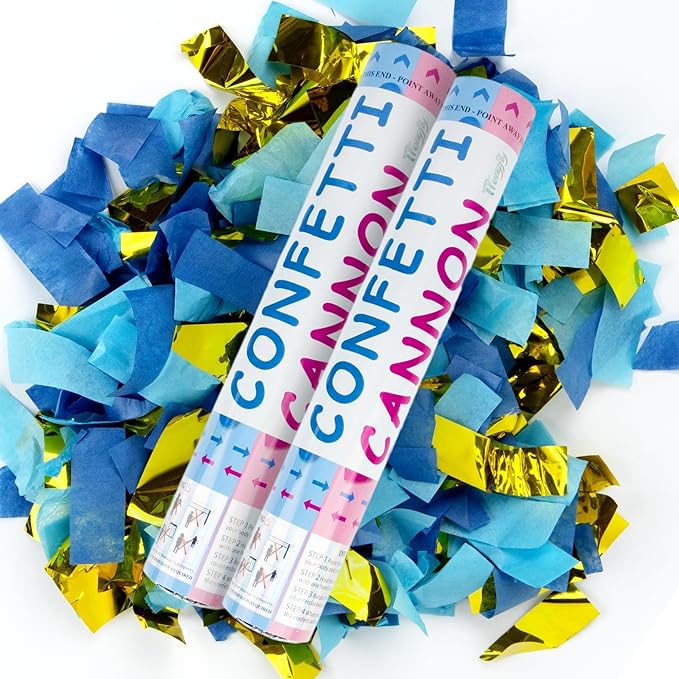 2 Pack Gender Reveal Confetti Cannon, 12 in Blue Rectangle Shaped Party Poppers Shooters Cannons, Confetti Poppers For Baby Boy Girl Gender Reveal Baby Showers (Rectangle, Blue)