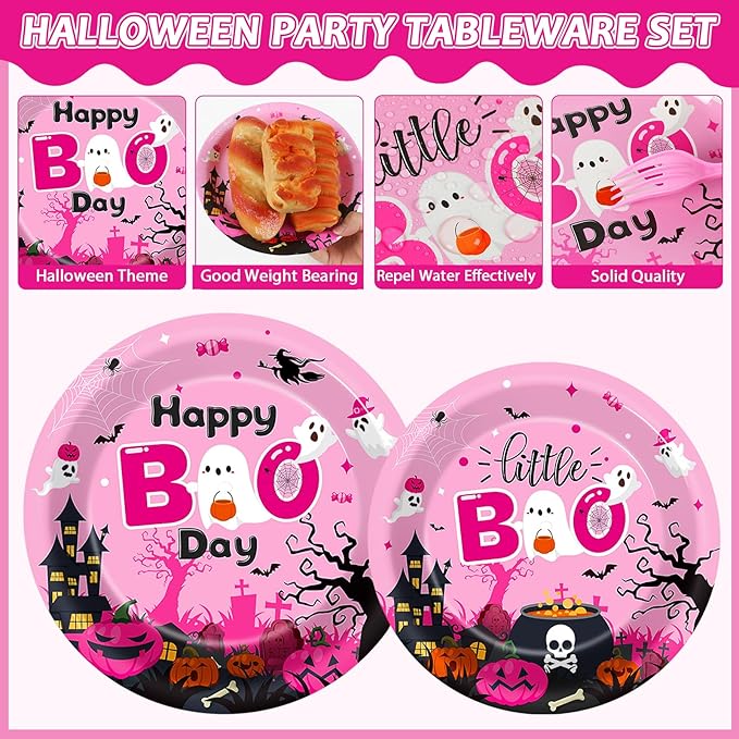 96Pcs Halloween Happy Boo Day Party Supplies - Pink Ghost Pumpkin Paper Plates, Napkins, Dinnerware & Party Favors - Serves 24