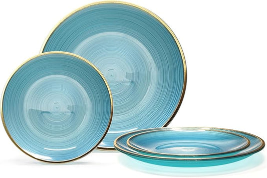 OCCASIONS 50 Plates (25 Guests) Blue and Gold Disposable Plastic Plate Set for Wedding Party - 25x10'' Dinner + 25x7'' Salad - Belize in Blue & Gold