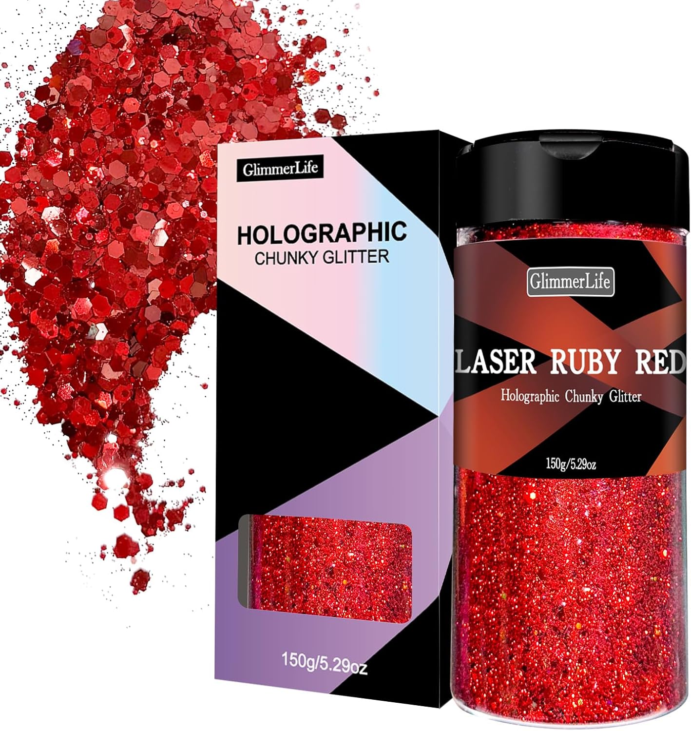 GlimmerLife Red Glitter 150G/5.29OZ, Holographic Chunky Glitter, Craft Glitter for Resin, Metallic Iridescent Glitter, Glitter for Nail, Body, Face, Hair, Christmas Glitter, Halloween Decorations