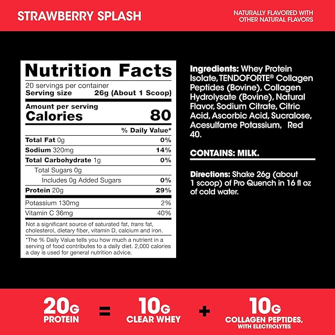 Optimum Nutrition Pro Quench, 10g Clear Protein, 10g Collagen peptides & Electrolyte Powder Drink Mix, Strawberry, 20 Servings, 520 Grams (Packaging May Vary)