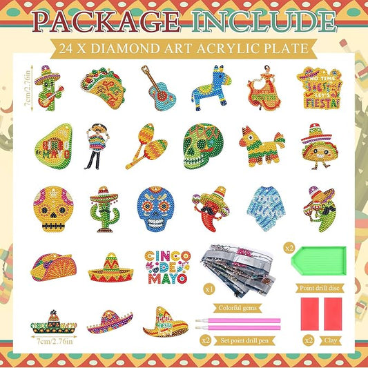 Huquary 24 Sets Cinco De Mayo Diamond Arts Keychains Mexican Fiesta Diamond Art Ornaments 5D DIY Crystal Rhinestone Crafts Kits Sombrero Taco Cactus Craft for Cinco De Mayo Mexican Holiday Gifts