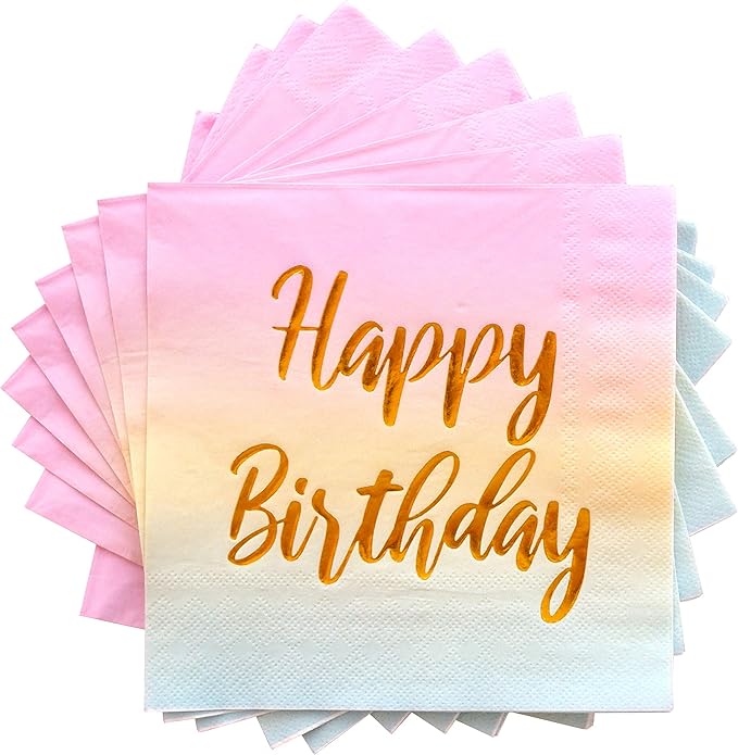 Happy Birthday Napkins - 50 Pack Pastel Metallic Birthday Disposable Paper Napkins with Gold Foil Printing on Pink Yellow Blue Ombre Gradient for Cocktail Party Supplies - 6.5" x 6.5" inches