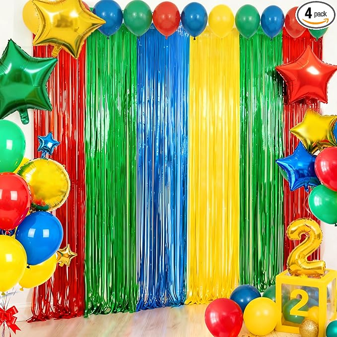 4 Packs Blue Red Green Yellow Foil Fringe Curtain, Blue Red Green Yellow Glitter Metallic Tinsel Backdrop for Birthday, Baby Shower, Video Game Theme Party Decorations Supplies