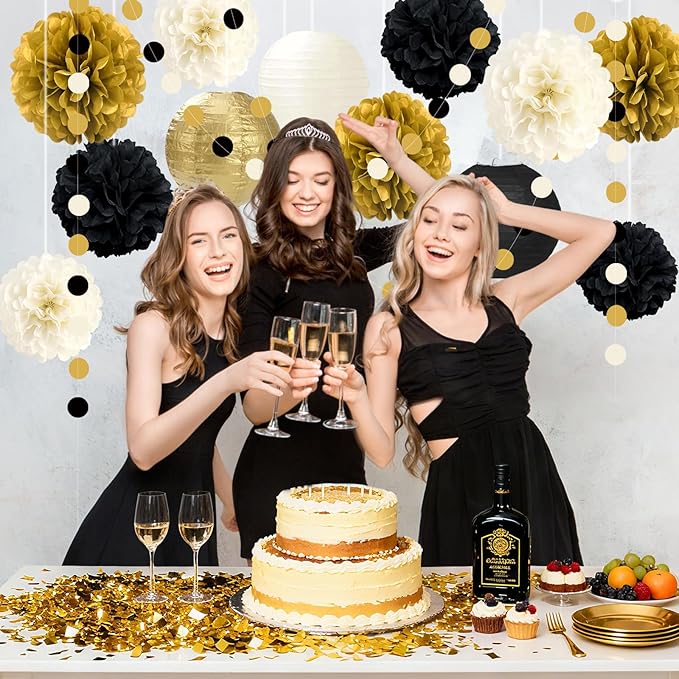 14PCS Black and Gold Party Decorations, Tissue Paper Pom Poms, Paper Lanterns & Polka Dot Paper Garland for 2026 New Year Party Graduation Birthday Wedding Engagement Retirement Party