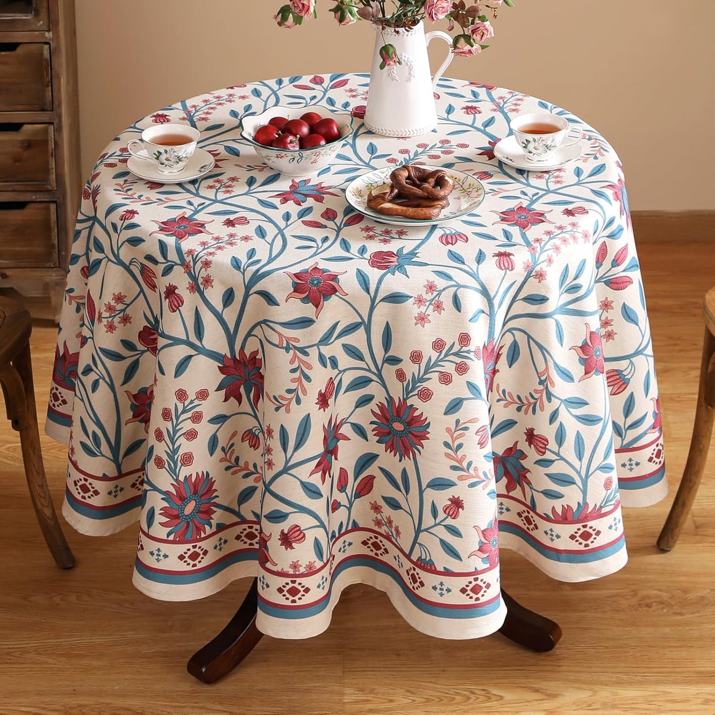 Designer Linen Floral Small Round Tablecloth,Vintage William Morris Wrinkle Resistant Table Cloth,Decor Table Cover for Kitchen,Dining,Thanksgiving,Christmas,Diameter 55"-Dorodango B