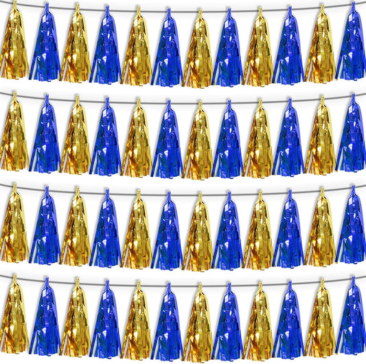 4PNavy-Blue Gold Tassel Banner Garland Metallic Foil Fringe Banner Tinsel Tassels Streamer Banner Backdrop for Parade Floats Birthday Graduation Christmas Bridal/Baby Shower Party Decorations
