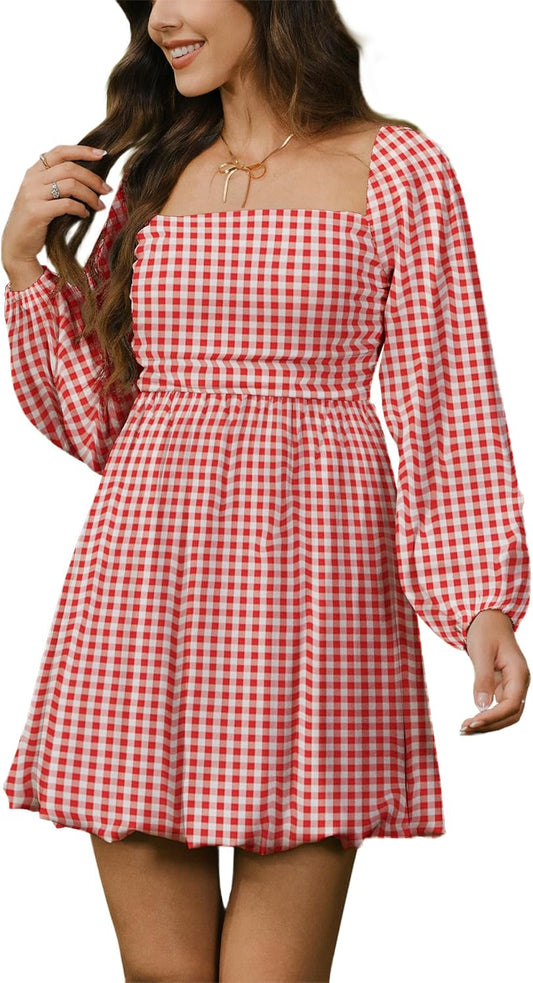 HYPERFIRE Women's Square Neck Pleated Long Sleeve Mini Dress Smocked A Lind Bubble Wedding Dresses
