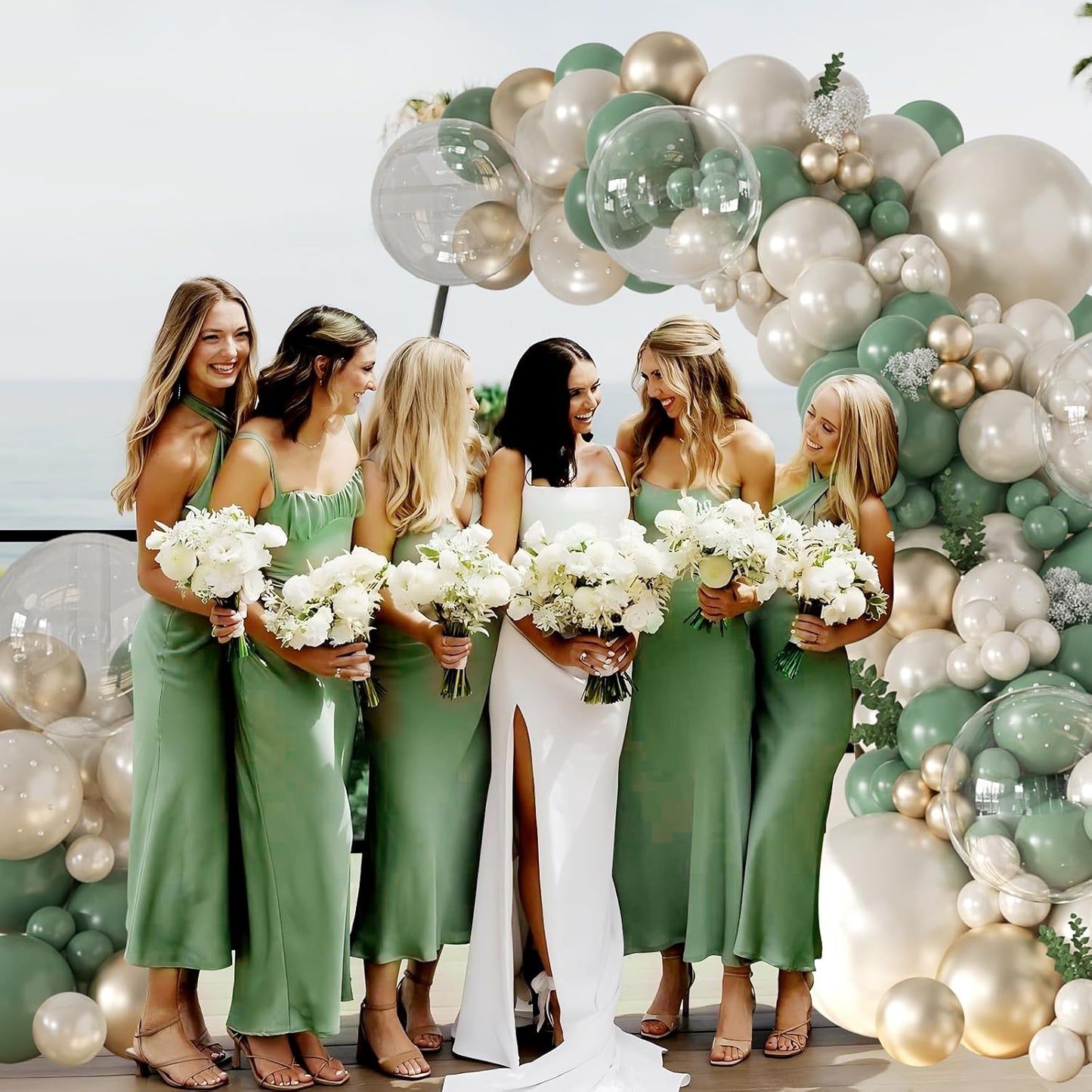 CROSSFINGERS Pearl Sage Green Balloon Arch Garland Kit, 128pcs Double Stuffed Pearl White Gold Balloons for Birthday Wedding Baby Shower Bridal Shower Engagement Party Decoration