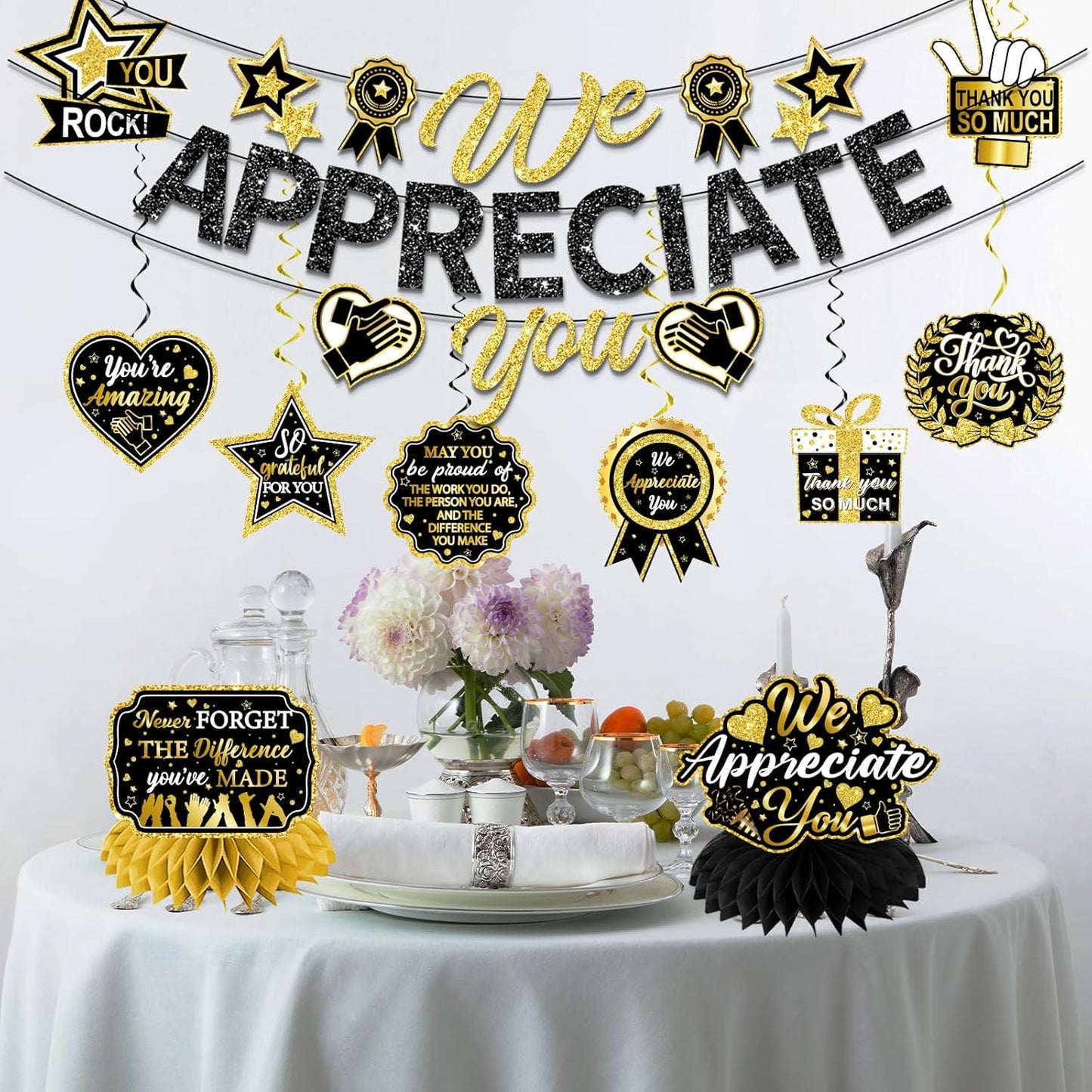 We Appreciate You Decorations, Black Gold Thank You Decorations includes We Appreciate You Banner and Employee Appreciation Table Decorations and Hanging Swirls for Pastor Appreciation Decorations