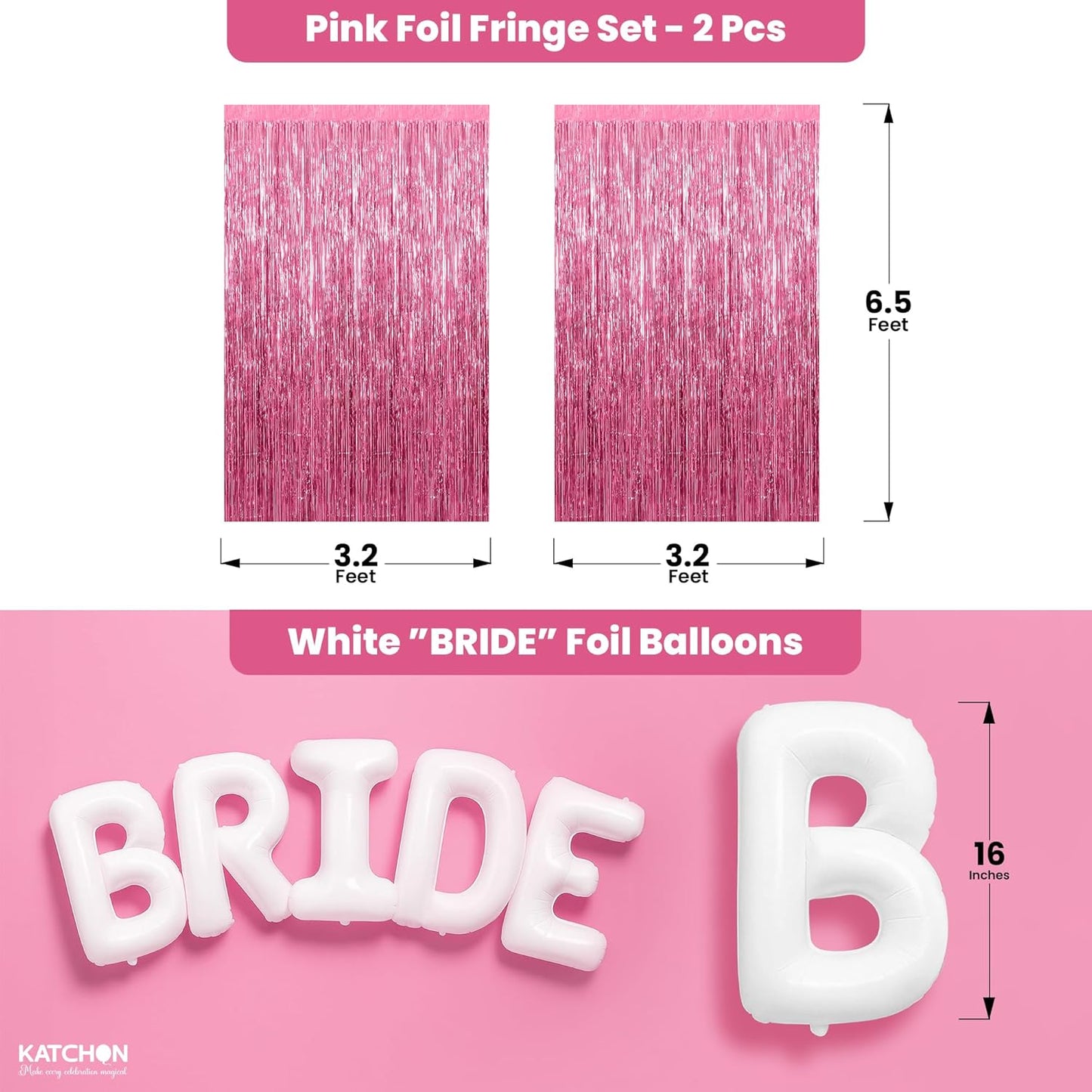 KatchOn, Bachelorette Party Decorations Set - Huge Pack of 3 | White Bride Balloons Bachelorette, Pink Backdrop Curtain | Bridal Shower Decorations, Pink Streamers Party Supplies | Wedding Decorations
