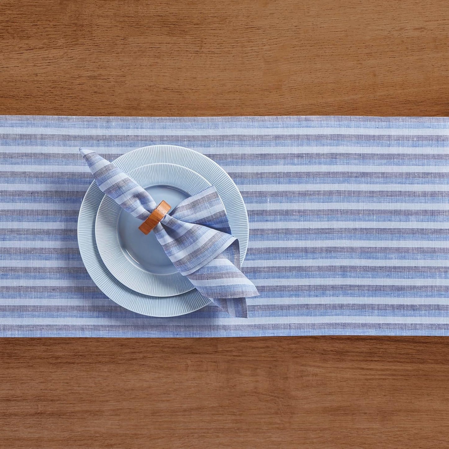 Solino Home Linen Table Runner 120 Inches Long - Amalfi Stripe, 100% Pure Linen Bistro Blue Farmhouse Table Runner 14 x 120 Inch for Dining