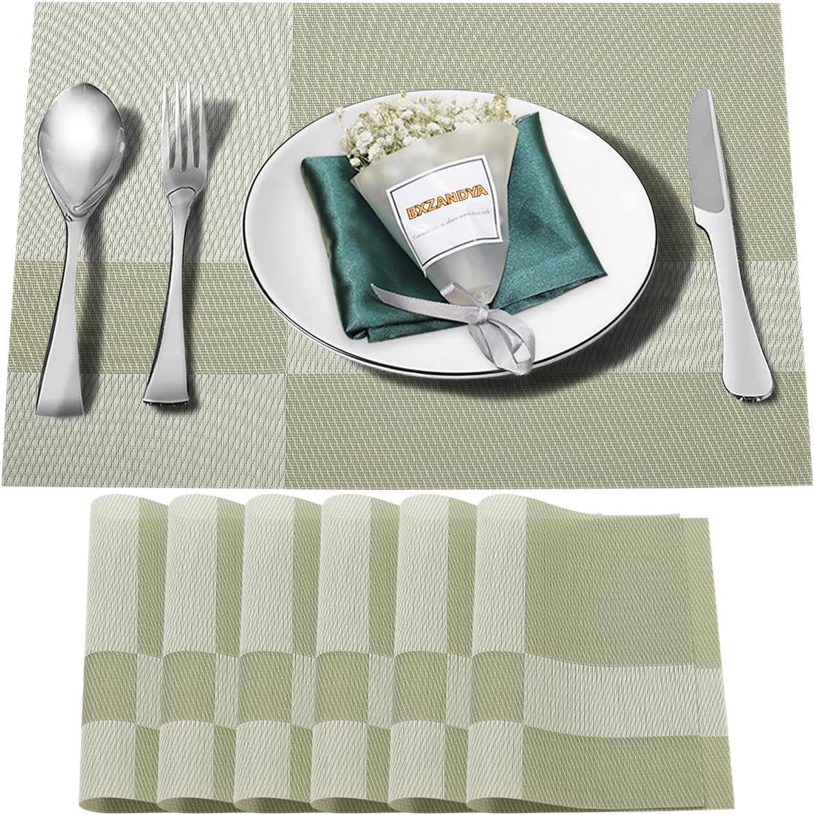 Placemats Set of 6,Washable,Heat and Stain Resistant Indoor/Outdoor Place mats,Vinyl Woven Non Slip Table Mats for Restaurant Table Protection,PVC Placemats(Green,6PCS)