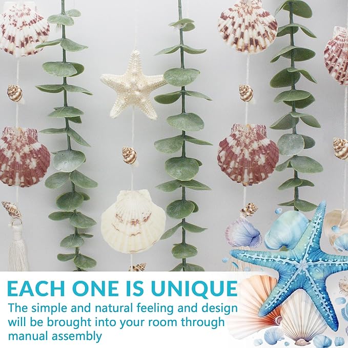 Artificial Eucalyptus Wall Decor with Seashell Coastal Decor Natural Home Decorations Hanging Wooden Bead Garland for Large Bedroom Bathroom Living Room, 32 x 32 Inch
