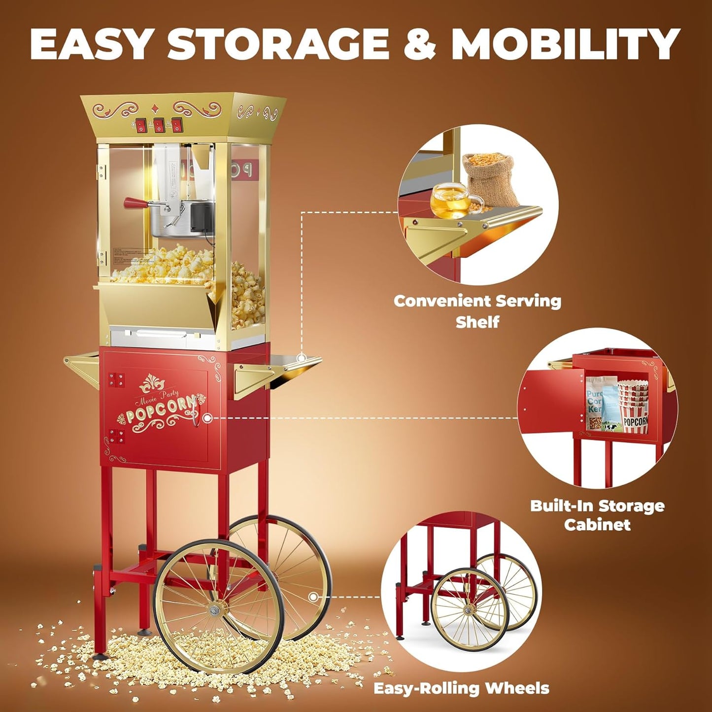 2025 Upgraded 12 oz Popcorn Machine Cart, Popcorn Maker Machine with Stainless-Steel Kettle Makes Up to 48 Cups, Movie Theater Pop Corn Machine with 3-Switch Control & Tempered Glass Doors, Red