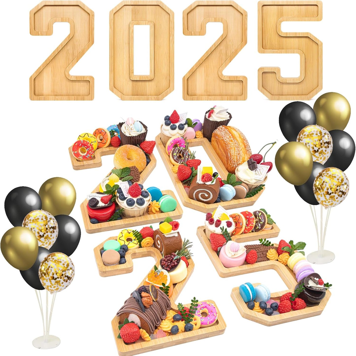 4PCS Wooden Graduation Decorations Number Charcuterie Board Box-(with 14 Balloons) 2025 Charcuterie Numbers Fillable Food Graduation Party Supplies