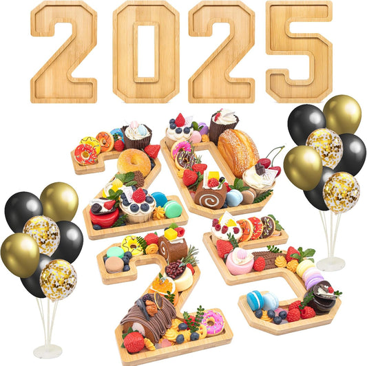 4PCS Wooden Graduation Decorations Number Charcuterie Board Box-(with 14 Balloons) 2025 Charcuterie Numbers Fillable Food Graduation Party Supplies