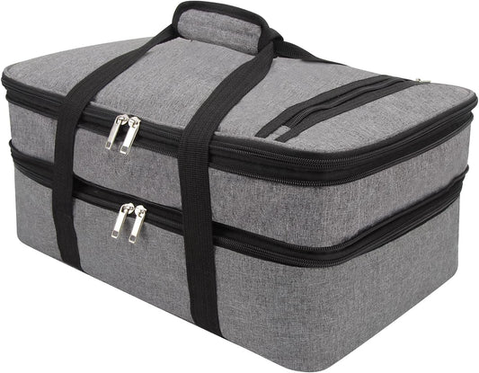 Insulated Casserole Carrier Bag - Double Decker Portable Lunch Transport Tote Bag Fits 9"x13" Lasagna Baking Dish to Keep Food Hot/Cold for Gathering/Potluck Parties/Cookouts/Picnics -Gray